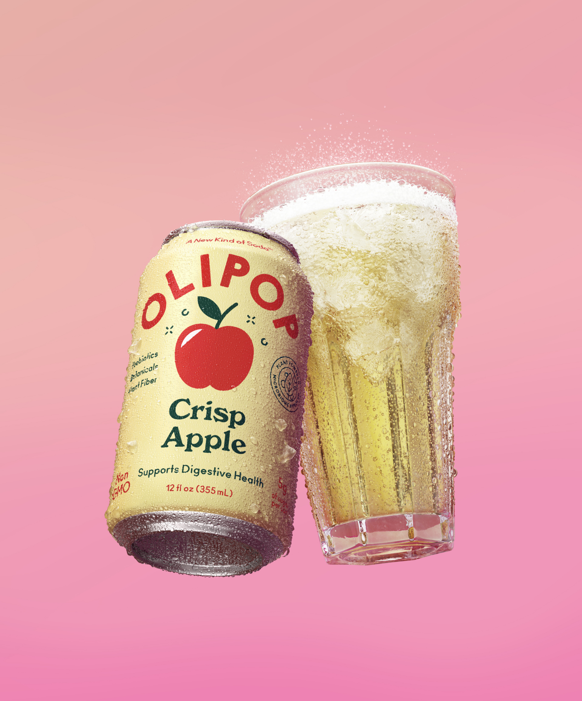Olipop Crisp Apple Can & Glass Condensation, Fizz, Ice, Foam