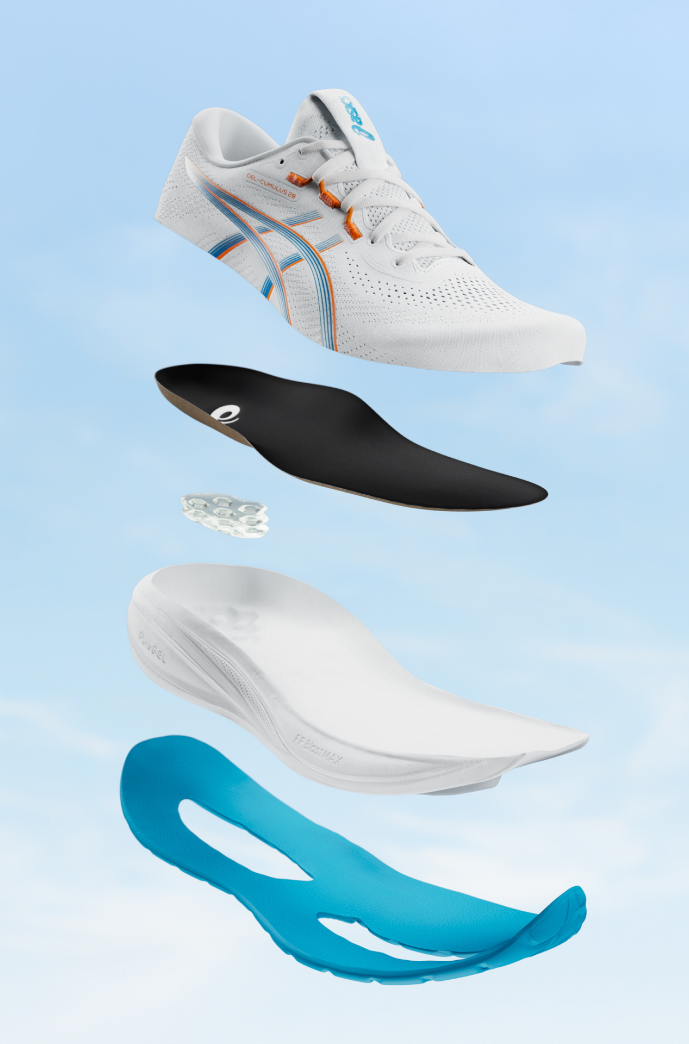 ASICS Gel Cumulus M 28 Exploded Midsole Outer Sole Gel Image Tile 1A